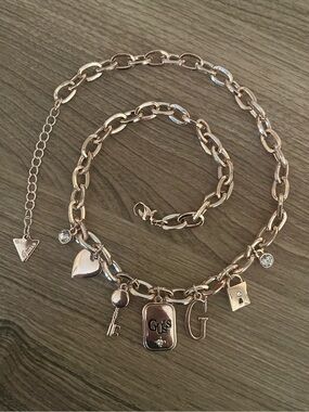 GUESS Rose Gold Charm Link Necklace with Heart, Key & G Logo